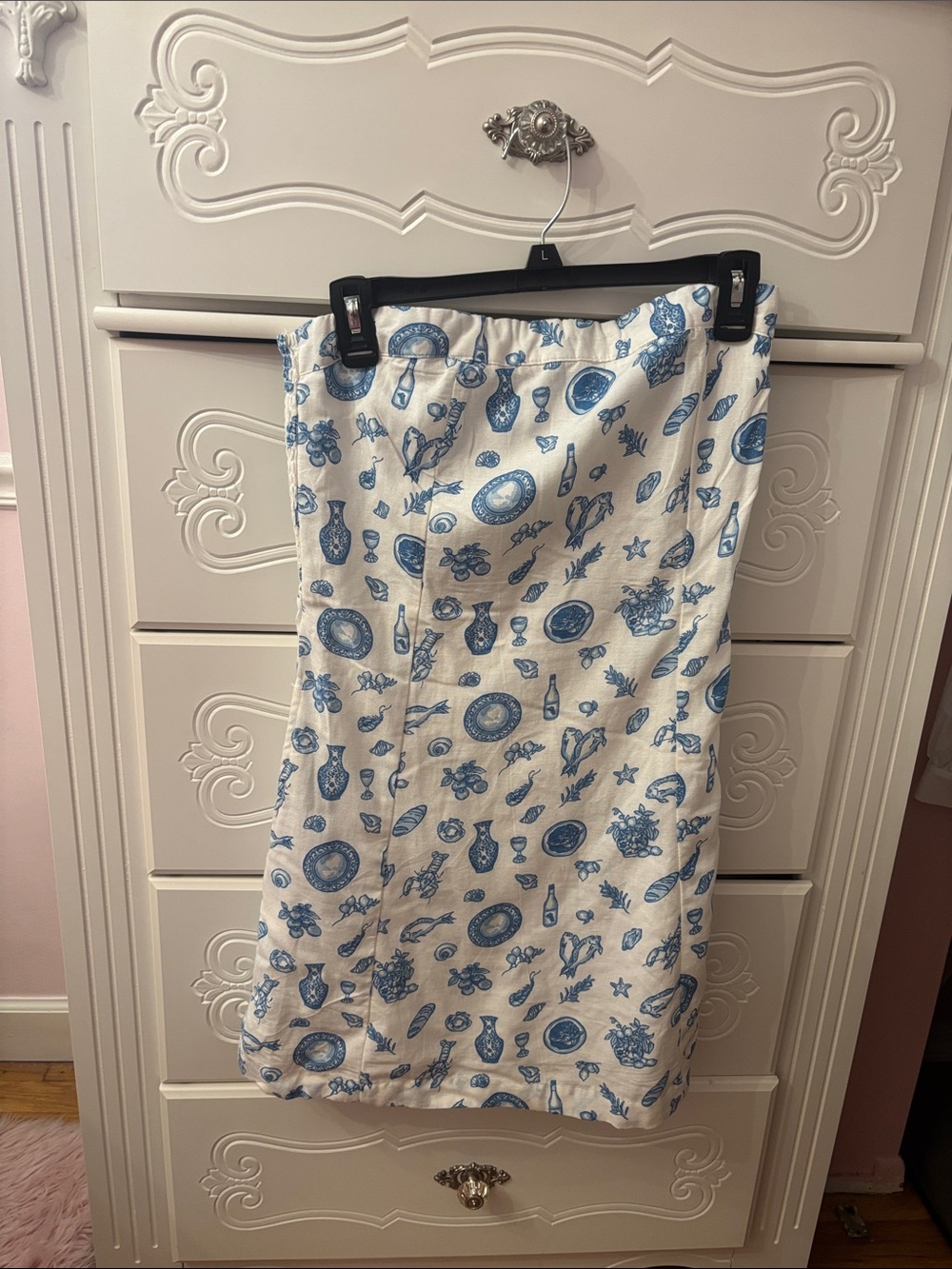 White Strapless Mini Dress with Blue Coastal Print